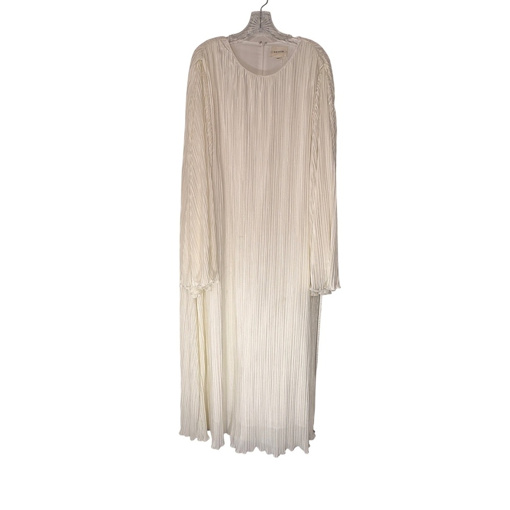 Veiled Cream White Pleated Maxi Dress Ethereal Long Bell Sleeve Modest XL